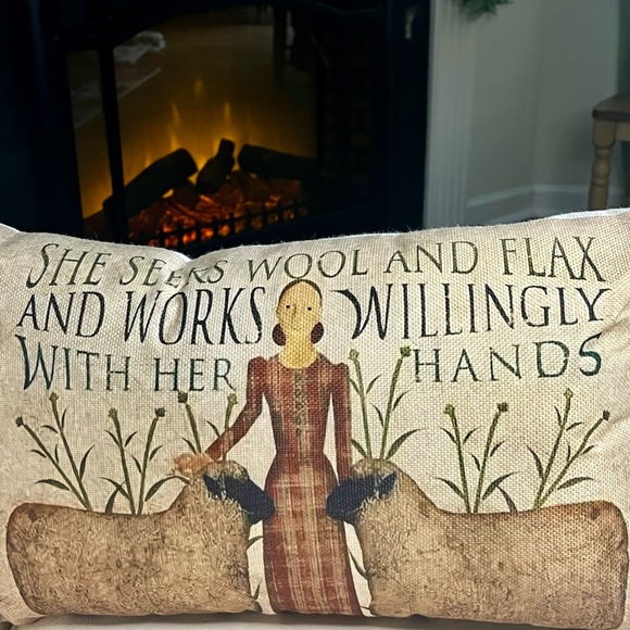Primitive Folk Art Woman with Sheep "She Seeks Wool & Flax" Pillow Case 20x12 - Picture 6 of 8